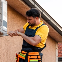 worker repairs air conditioning unit on rooftop